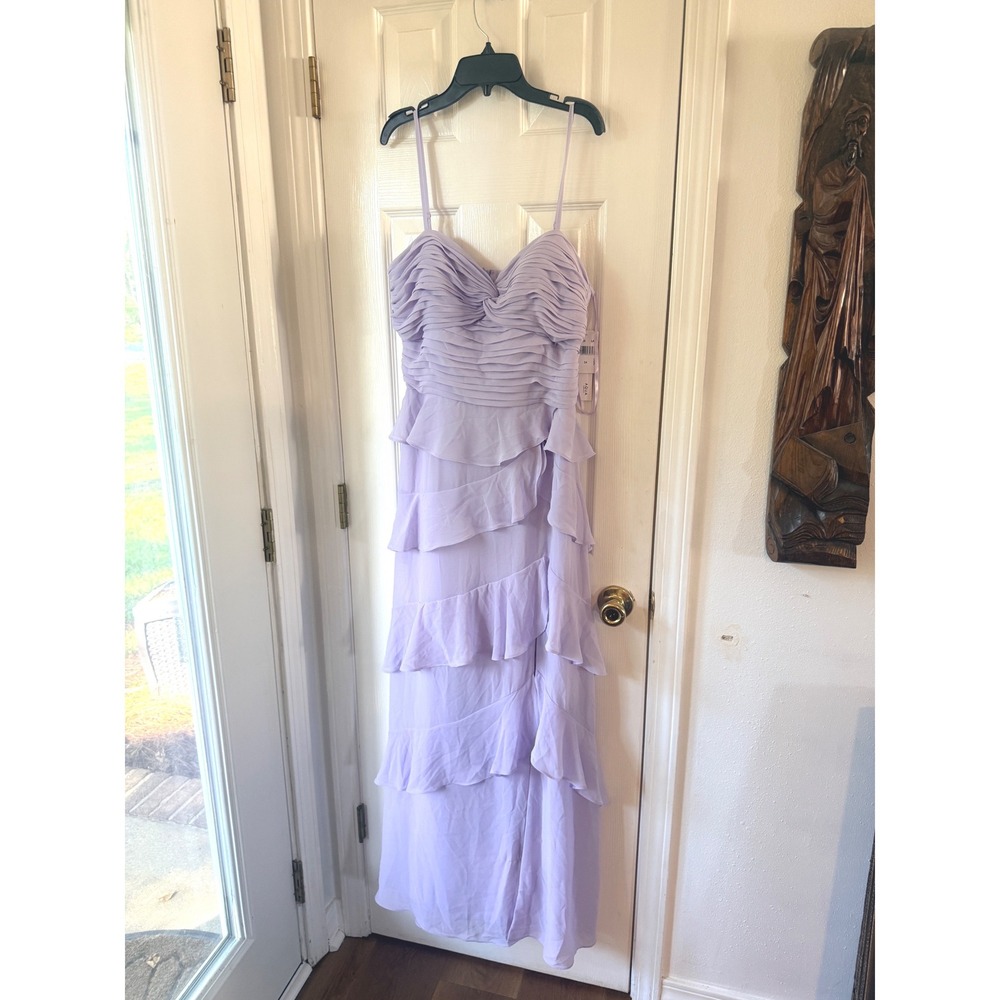AQUA Lavender Chiffon Tiered Ruffled Maxi Dress Sweetheart Neck Size 14 NEW